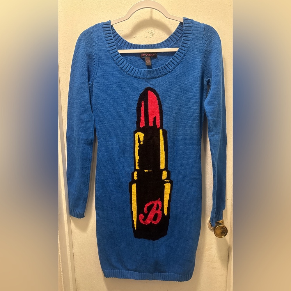 Vintage Betsey Johnson blue lipstick “B” initial Marilyn dress